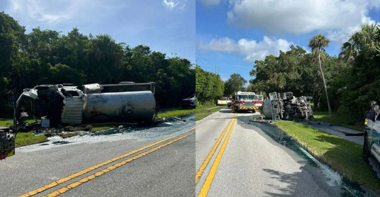 Camión de aguas residuales volcado cierra Indian River Drive