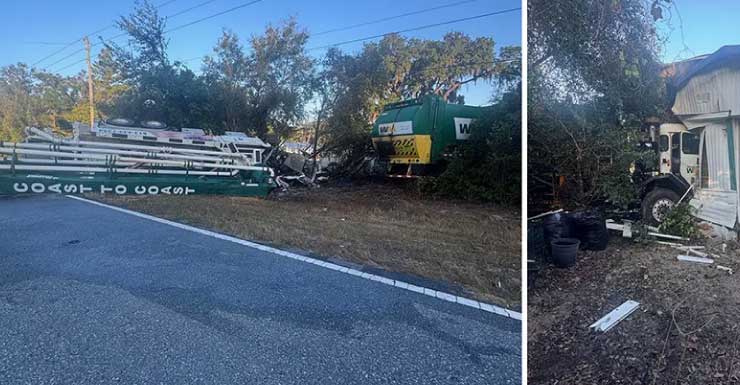 Camión de basura choca contra una casa móvil en Hernando tras accidente con camión de bombeo