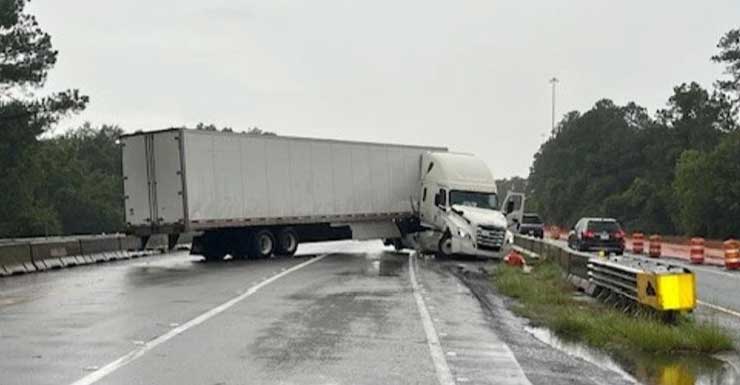 Camión semirremolque pierde el control por aquaplaning y choca contra barrera de concreto en la I-10 del condado de Escambia