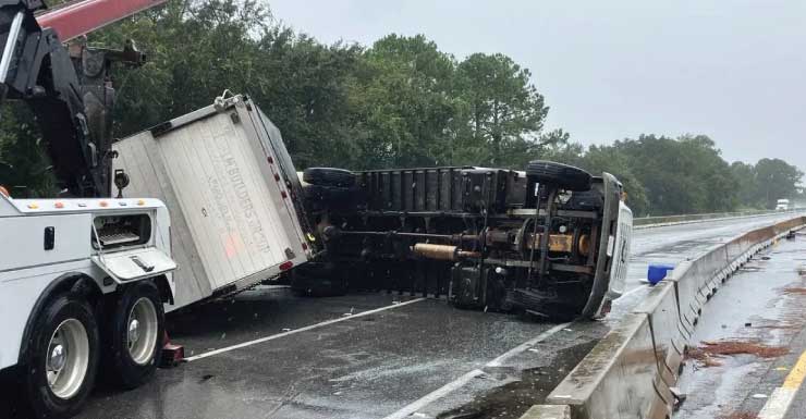 Un camión que remolcaba otro camión vuelca en la I-10, en el condado de Escambia